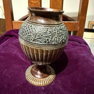 Vintage Beautiful Highly Figured Wide Mouth Vase Metal: Verdigris Bronze, 7.5x5”